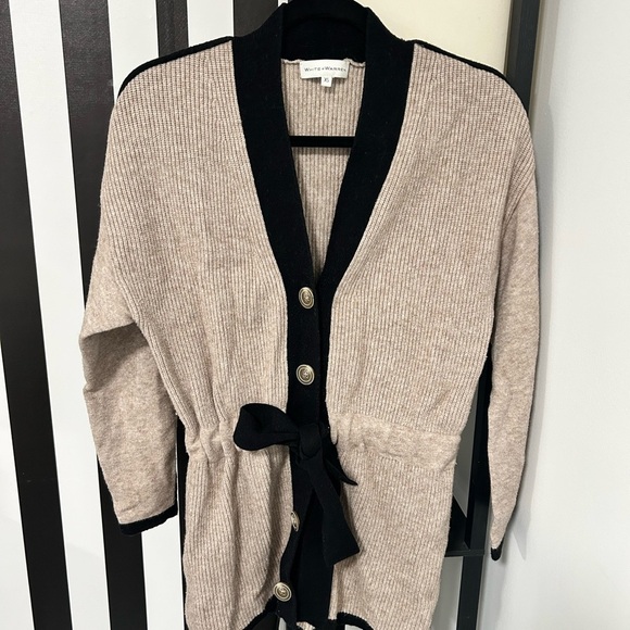 White + Warren Cashmere Cardigan XS Beige Black Trim Open Front Cinched Waist - Picture 2 of 7